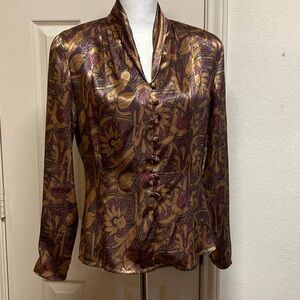 Vintage Nicola Silky Paisley Blouse Gold Purple Size 8